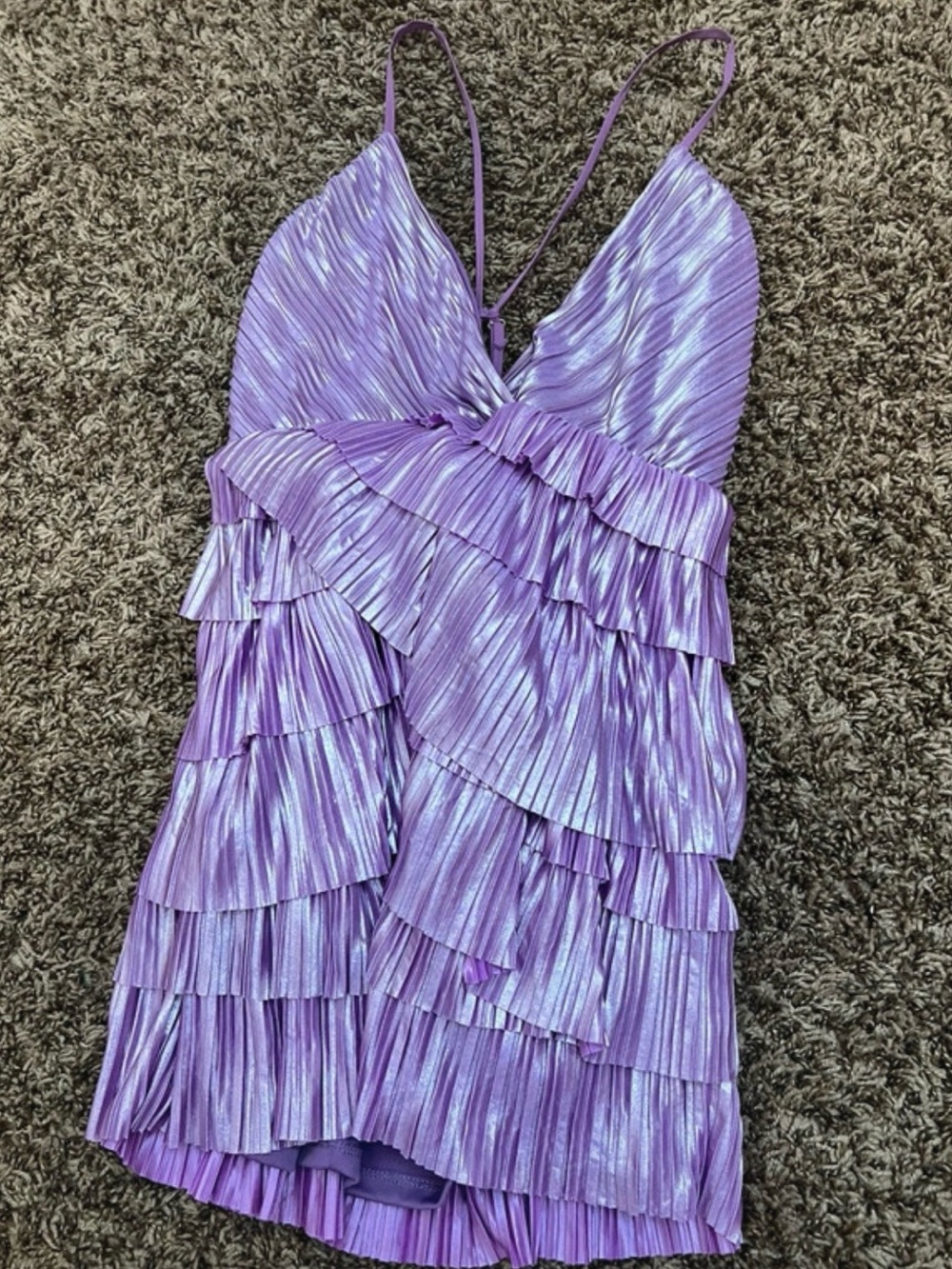 Luxxel Lavender Metallic Pleated Ruffle Mini Dress